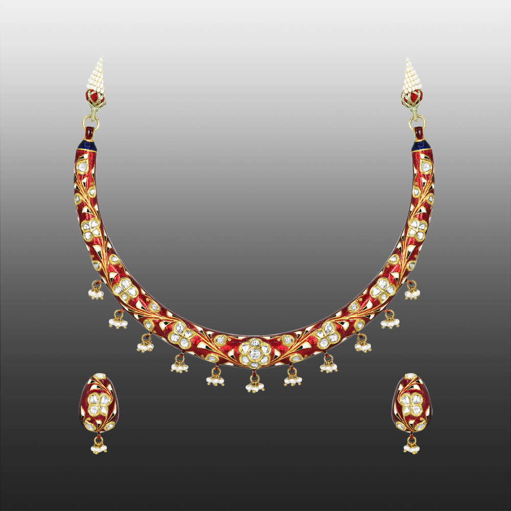 Polki Hasli Necklace Set with Red Enamel and Pearl Beads